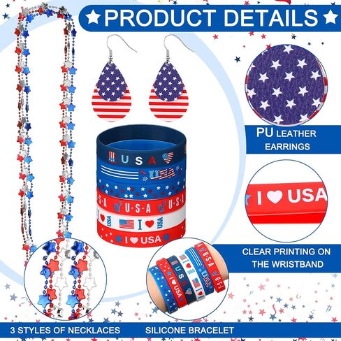 Remuuly 10 Pcs 4th of July Accessories for Women Patriotic Costume Accessories Set Red White and Blue USA American Flag Earrings Necklaces Bracelets for Independence Day Memorial Day Parades Party in Saudi Arabia