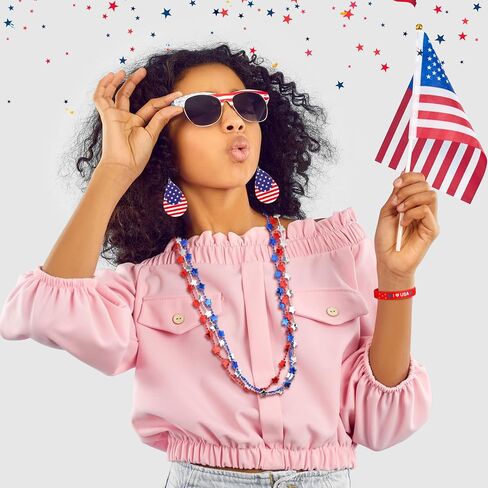 Remuuly 10 Pcs 4th of July Accessories for Women Patriotic Costume Accessories Set Red White and Blue USA American Flag Earrings Necklaces Bracelets for Independence Day Memorial Day Parades Party in Saudi Arabia