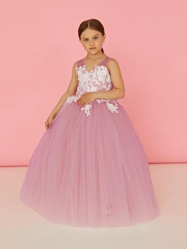 Lace Applique Tulle Flower Girl Dress for Wedding Bridesmaid First Communion Dresses Princess Pageant Party Gown in Saudi Arabia