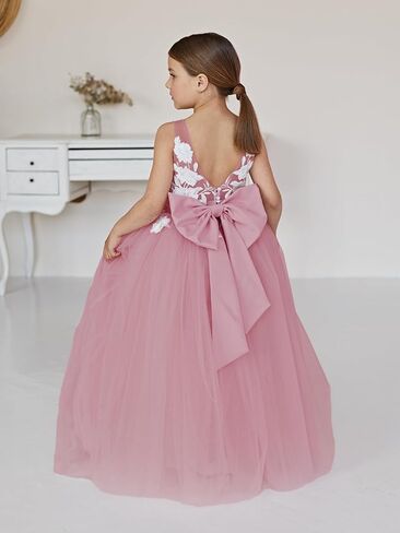 Lace Applique Tulle Flower Girl Dress for Wedding Bridesmaid First Communion Dresses Princess Pageant Party Gown in Saudi Arabia