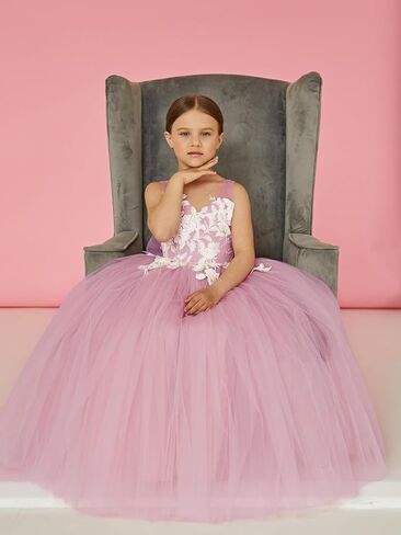 Lace Applique Tulle Flower Girl Dress for Wedding Bridesmaid First Communion Dresses Princess Pageant Party Gown in Saudi Arabia