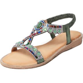 iCKER Women Rhinestone Sandals T-Strap Buckle Bohemian Pearl Crystal Flat Sandals in Kuwait