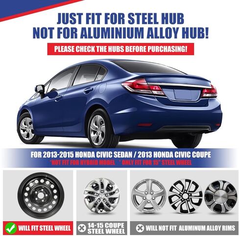 15" Chrome Finish Hubcaps for 2013-2015 Honda Civic Sedan, 2013 Honda Civic Coupe, Steel Wheels - Set of 4, Bolt-on Design Wheel Rim Covers, ABS&PC Material Hub Caps, 15-Inch Chrome Finish in Saudi Arabia