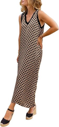 miduo Womens Casual Summer V Neck Sleeveless Floral Printed Beach Split Maxi Dress Sundress in Saudi Arabia