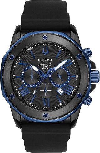 سلسلة النجوم البحرية للرجال في Bulova A Black and Blue المطلية بالأيون المصنوعة من الفولاذ المقاوم للصدأ 6 كرونوغراف الكوارتز ، حزام سليكون أسود ، 40 مم: 98B308 in Saudi Arabia