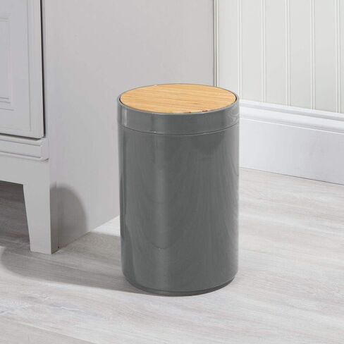 mDesign Plastic Round Trash Can Small Wastebasket - Garbage Bin Container with Swing-Close Lid - Bathroom Garbage Basket - Holds Waste, Recycling - 1.3 Gallon - Basa Collection - Cream/Beige/Natural in Kuwait