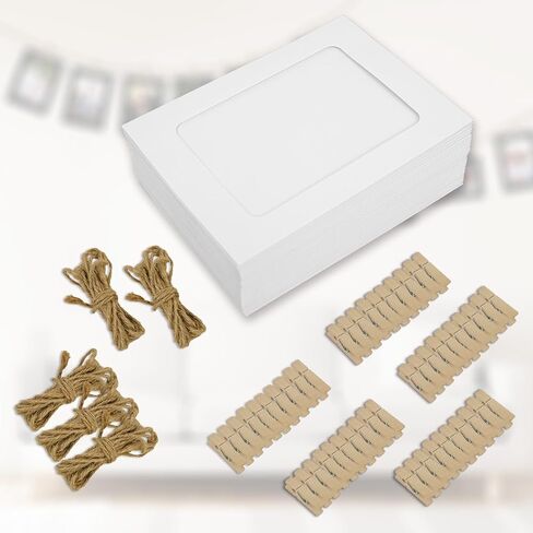 50Pcs 4x6 Paper Picture Frames Bulk, Hanging Pictures with String Photo Hanger with Clips Hanging Photo Display Wall Decor, Diy Picture Frame Craft Birthday Photo Banner for Picture Board for Photos in Saudi Arabia