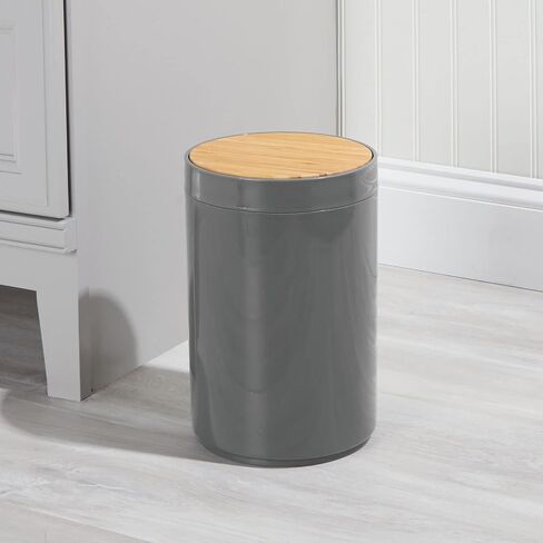 mDesign Plastic Round Trash Can Small Wastebasket - Garbage Bin Container with Swing-Close Lid - Bathroom Garbage Basket - Holds Waste, Recycling - 1.3 Gallon - Basa Collection - Cream/Beige/Natural in Kuwait
