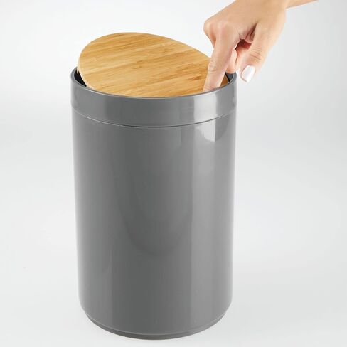 mDesign Plastic Round Trash Can Small Wastebasket - Garbage Bin Container with Swing-Close Lid - Bathroom Garbage Basket - Holds Waste, Recycling - 1.3 Gallon - Basa Collection - Cream/Beige/Natural in Kuwait