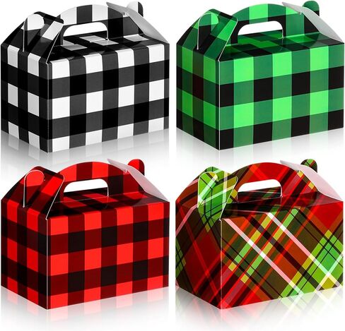 Christmas Treat Boxes, 24 Pieces Plaid Santa Elf Snowman Elk Gingerbread Xmas Cardboard Present Candy Cookie Boxes with Handles, Holiday Party Favor Supplies, 4 Designs (Vivid Style) in Saudi Arabia