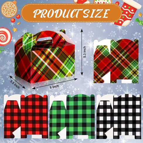 Christmas Treat Boxes, 24 Pieces Plaid Santa Elf Snowman Elk Gingerbread Xmas Cardboard Present Candy Cookie Boxes with Handles, Holiday Party Favor Supplies, 4 Designs (Vivid Style) in Saudi Arabia