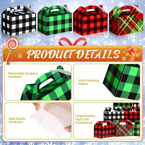Christmas Treat Boxes, 24 Pieces Plaid Santa Elf Snowman Elk Gingerbread Xmas Cardboard Present Candy Cookie Boxes with Handles, Holiday Party Favor Supplies, 4 Designs (Vivid Style) in Saudi Arabia