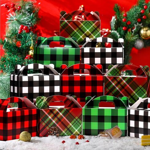 Christmas Treat Boxes, 24 Pieces Plaid Santa Elf Snowman Elk Gingerbread Xmas Cardboard Present Candy Cookie Boxes with Handles, Holiday Party Favor Supplies, 4 Designs (Vivid Style) in Saudi Arabia