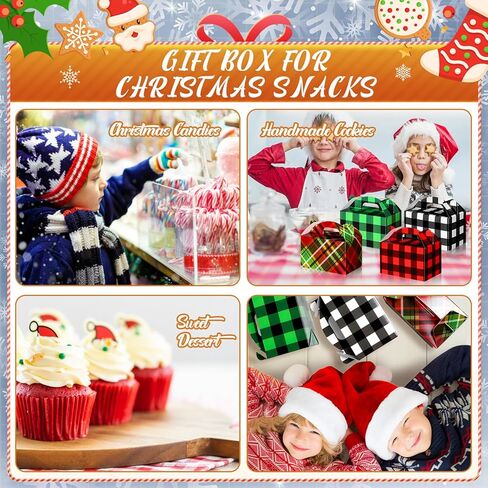 Christmas Treat Boxes, 24 Pieces Plaid Santa Elf Snowman Elk Gingerbread Xmas Cardboard Present Candy Cookie Boxes with Handles, Holiday Party Favor Supplies, 4 Designs (Vivid Style) in Saudi Arabia