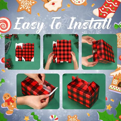Christmas Treat Boxes, 24 Pieces Plaid Santa Elf Snowman Elk Gingerbread Xmas Cardboard Present Candy Cookie Boxes with Handles, Holiday Party Favor Supplies, 4 Designs (Vivid Style) in Saudi Arabia