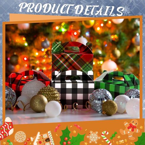 Christmas Treat Boxes, 24 Pieces Plaid Santa Elf Snowman Elk Gingerbread Xmas Cardboard Present Candy Cookie Boxes with Handles, Holiday Party Favor Supplies, 4 Designs (Vivid Style) in Saudi Arabia