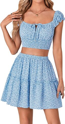 Vrtige Women's 2 Piece Outfits Floral Cap Sleeve Square Neck Shirred Crop Top and Mini Skirt Set in Saudi Arabia