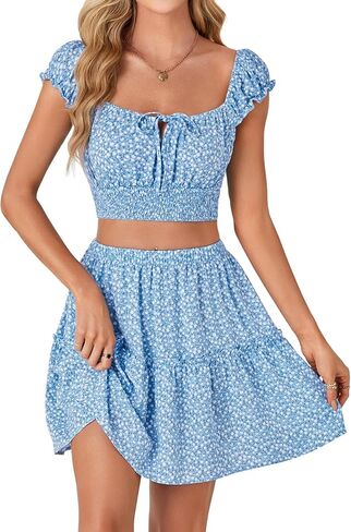 Vrtige Women's 2 Piece Outfits Floral Cap Sleeve Square Neck Shirred Crop Top and Mini Skirt Set in Saudi Arabia