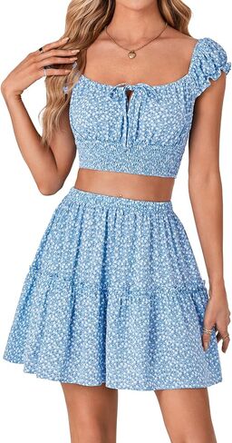 Vrtige Women's 2 Piece Outfits Floral Cap Sleeve Square Neck Shirred Crop Top and Mini Skirt Set in Saudi Arabia
