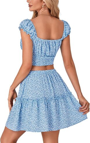 Vrtige Women's 2 Piece Outfits Floral Cap Sleeve Square Neck Shirred Crop Top and Mini Skirt Set in Saudi Arabia