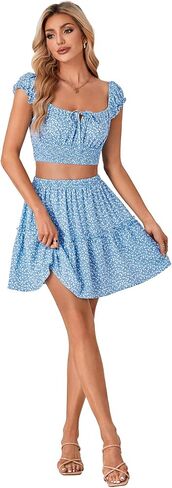 Vrtige Women's 2 Piece Outfits Floral Cap Sleeve Square Neck Shirred Crop Top and Mini Skirt Set in Saudi Arabia