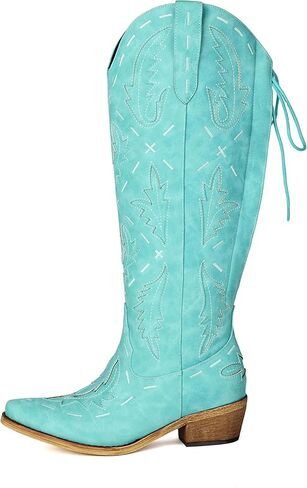 Cowboy Boots Women Knee High Embroidered Western Cowgirl Boot Back Lace Up Chunky Heels Pointed Toe Side Zipper in Saudi Arabia