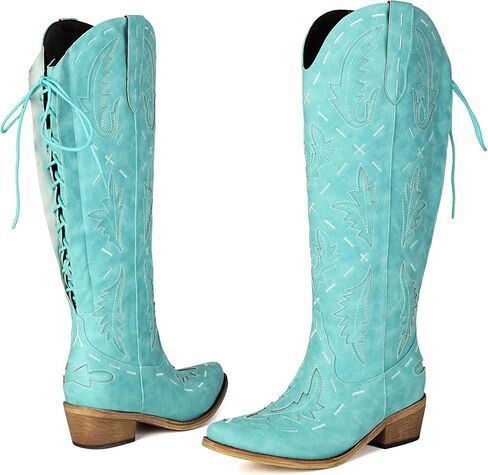Cowboy Boots Women Knee High Embroidered Western Cowgirl Boot Back Lace Up Chunky Heels Pointed Toe Side Zipper in Saudi Arabia