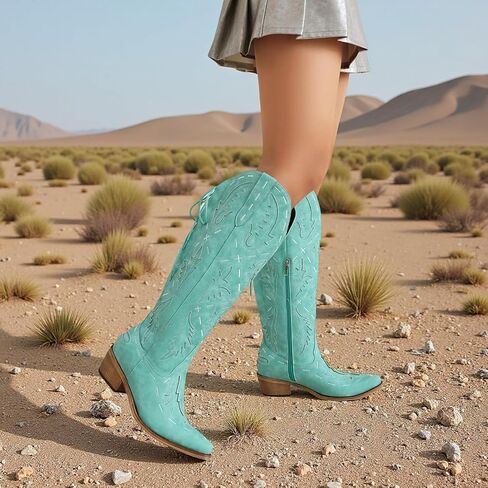 Cowboy Boots Women Knee High Embroidered Western Cowgirl Boot Back Lace Up Chunky Heels Pointed Toe Side Zipper in Saudi Arabia