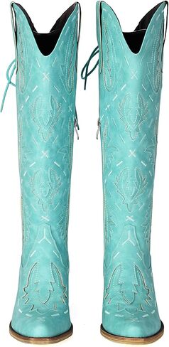 Cowboy Boots Women Knee High Embroidered Western Cowgirl Boot Back Lace Up Chunky Heels Pointed Toe Side Zipper in Saudi Arabia