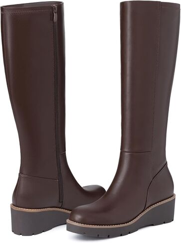 Athlefit Women's Knee High Boots Wedge Platform Comfortable Tall Long Boots with Side Zipper in Kuwait