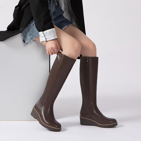 Athlefit Women's Knee High Boots Wedge Platform Comfortable Tall Long Boots with Side Zipper in Kuwait