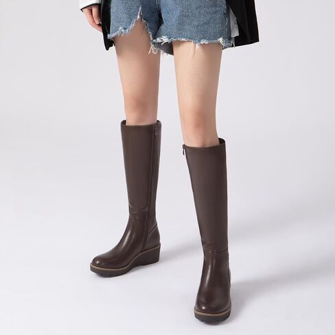 Athlefit Women's Knee High Boots Wedge Platform Comfortable Tall Long Boots with Side Zipper in Kuwait