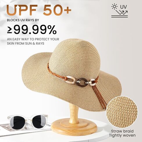 قبعات شاطئ الشاطئ للنساء - قبعة صيفية للسيدات واسعة من القش مع رفوف حبل الرياح ، وقبعة شاطئية قابلة للطي للأشعة فوق البنفسجية. in Saudi Arabia