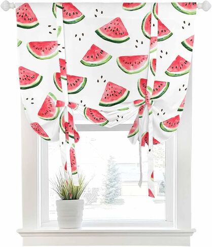 Tie Up Curtains for Windows Summer Watercolor Tropical Fruit Rod Pocket Tie-Up Window Shade Adjustable Balloon Curtain Valance Cool Juicy Watermelon for Bedroom Kitchen Bathroom Blinds,34x45in in Saudi Arabia