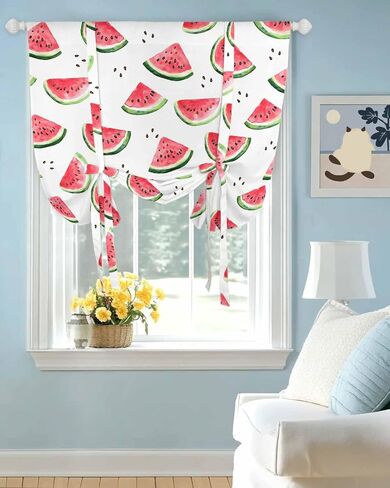 Tie Up Curtains for Windows Summer Watercolor Tropical Fruit Rod Pocket Tie-Up Window Shade Adjustable Balloon Curtain Valance Cool Juicy Watermelon for Bedroom Kitchen Bathroom Blinds,34x45in in Saudi Arabia