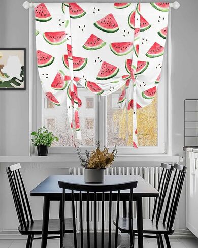 Tie Up Curtains for Windows Summer Watercolor Tropical Fruit Rod Pocket Tie-Up Window Shade Adjustable Balloon Curtain Valance Cool Juicy Watermelon for Bedroom Kitchen Bathroom Blinds,34x45in in Saudi Arabia