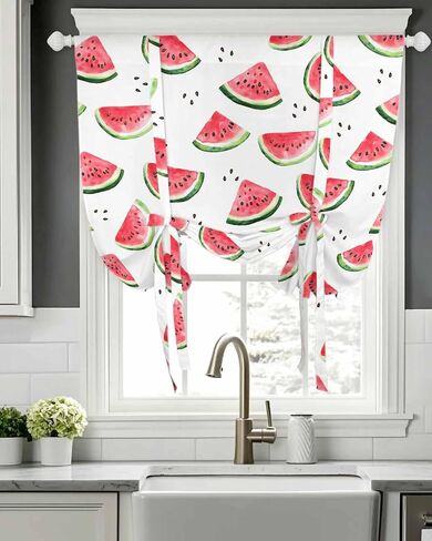 Tie Up Curtains for Windows Summer Watercolor Tropical Fruit Rod Pocket Tie-Up Window Shade Adjustable Balloon Curtain Valance Cool Juicy Watermelon for Bedroom Kitchen Bathroom Blinds,34x45in in Saudi Arabia