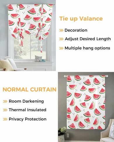 Tie Up Curtains for Windows Summer Watercolor Tropical Fruit Rod Pocket Tie-Up Window Shade Adjustable Balloon Curtain Valance Cool Juicy Watermelon for Bedroom Kitchen Bathroom Blinds,34x45in in Saudi Arabia