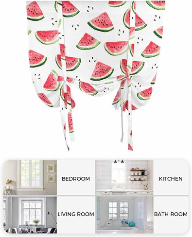 Tie Up Curtains for Windows Summer Watercolor Tropical Fruit Rod Pocket Tie-Up Window Shade Adjustable Balloon Curtain Valance Cool Juicy Watermelon for Bedroom Kitchen Bathroom Blinds,34x45in in Saudi Arabia