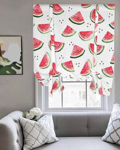 Tie Up Curtains for Windows Summer Watercolor Tropical Fruit Rod Pocket Tie-Up Window Shade Adjustable Balloon Curtain Valance Cool Juicy Watermelon for Bedroom Kitchen Bathroom Blinds,34x45in in Saudi Arabia