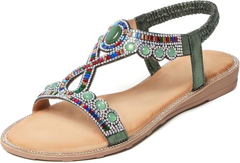 iCKER Women Rhinestone Sandals T-Strap Buckle Bohemian Pearl Crystal Flat Sandals in Kuwait