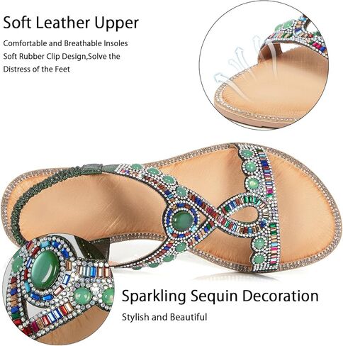 iCKER Women Rhinestone Sandals T-Strap Buckle Bohemian Pearl Crystal Flat Sandals in Kuwait