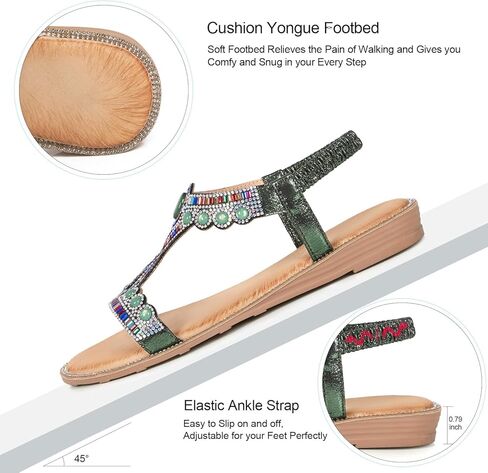 iCKER Women Rhinestone Sandals T-Strap Buckle Bohemian Pearl Crystal Flat Sandals in Kuwait