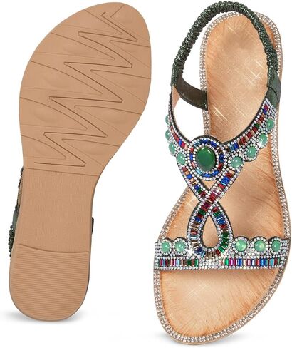 iCKER Women Rhinestone Sandals T-Strap Buckle Bohemian Pearl Crystal Flat Sandals in Kuwait
