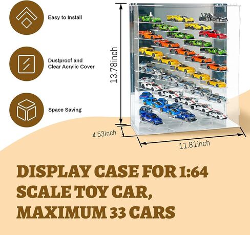 Display Case for Hot Wheels with Lights and Acrylic Cover 1/64 Display Case 45 Degree Angle Toy Cars Storage Case Hold 33 Cars Storage Case for Hot Wheels Gifts for Hot Wheels Collector (Silver) in Saudi Arabia