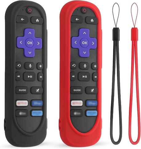قطعتان من غطاء جهاز التحكم عن بعد من السيليكون لجهاز التحكم عن بعد Roku Tv/Hisense/TCL، غطاء حافظة من السيليكون متوافق مع جهاز التحكم عن بعد الصوتي ذو الأكمام العالمية، غطاء جهاز التحكم عن بعد Roku قابل للغسل مع حبل (أحمر + أزرق متوهج) in Kuwait