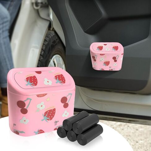Mini Car Trash Can with Lid – Cute Strawberry Pink Trash Can for Women with 5 Bags, Girly Automotive Organizer for Front and Back Seat, Car Accessories for Teen Girls, SUV, Truck, Sedan in Saudi Arabia
