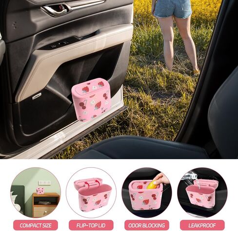 Mini Car Trash Can with Lid – Cute Strawberry Pink Trash Can for Women with 5 Bags, Girly Automotive Organizer for Front and Back Seat, Car Accessories for Teen Girls, SUV, Truck, Sedan in Saudi Arabia
