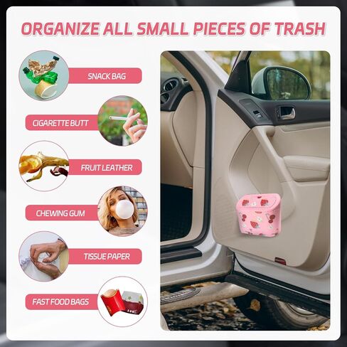Mini Car Trash Can with Lid – Cute Strawberry Pink Trash Can for Women with 5 Bags, Girly Automotive Organizer for Front and Back Seat, Car Accessories for Teen Girls, SUV, Truck, Sedan in Saudi Arabia