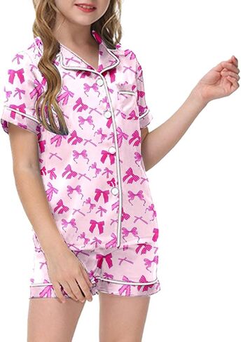 𝗚irls Bow Pajamas Sets 2 Piece Silk Satin Pink Puff Cute Preppy Clothes Button Down Short Sleeve 𝗞ids Sleepwear Pjs Sets in Saudi Arabia